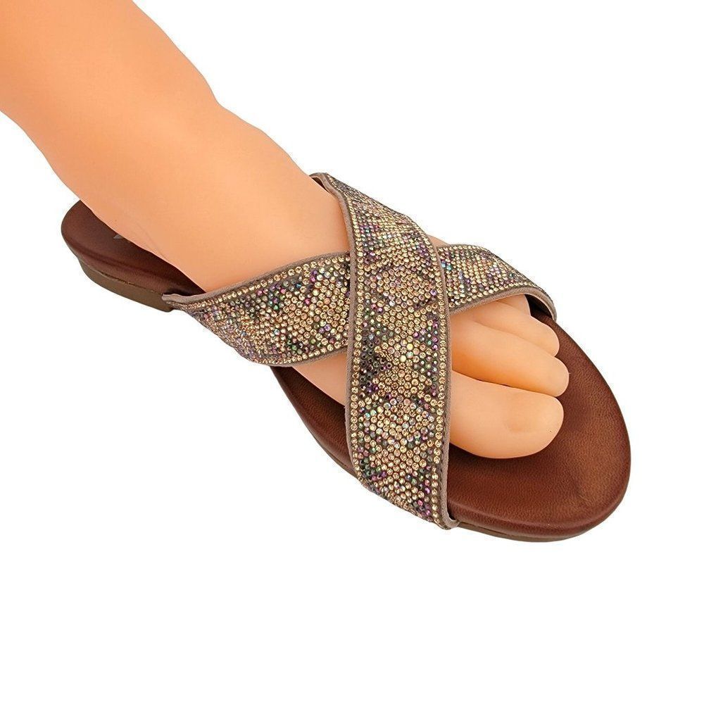 Yellowbox Sandals Bali Womens 6.5 Flat Slides Metallic Rhinestone Bling Slip On - Picture 3 of 10
